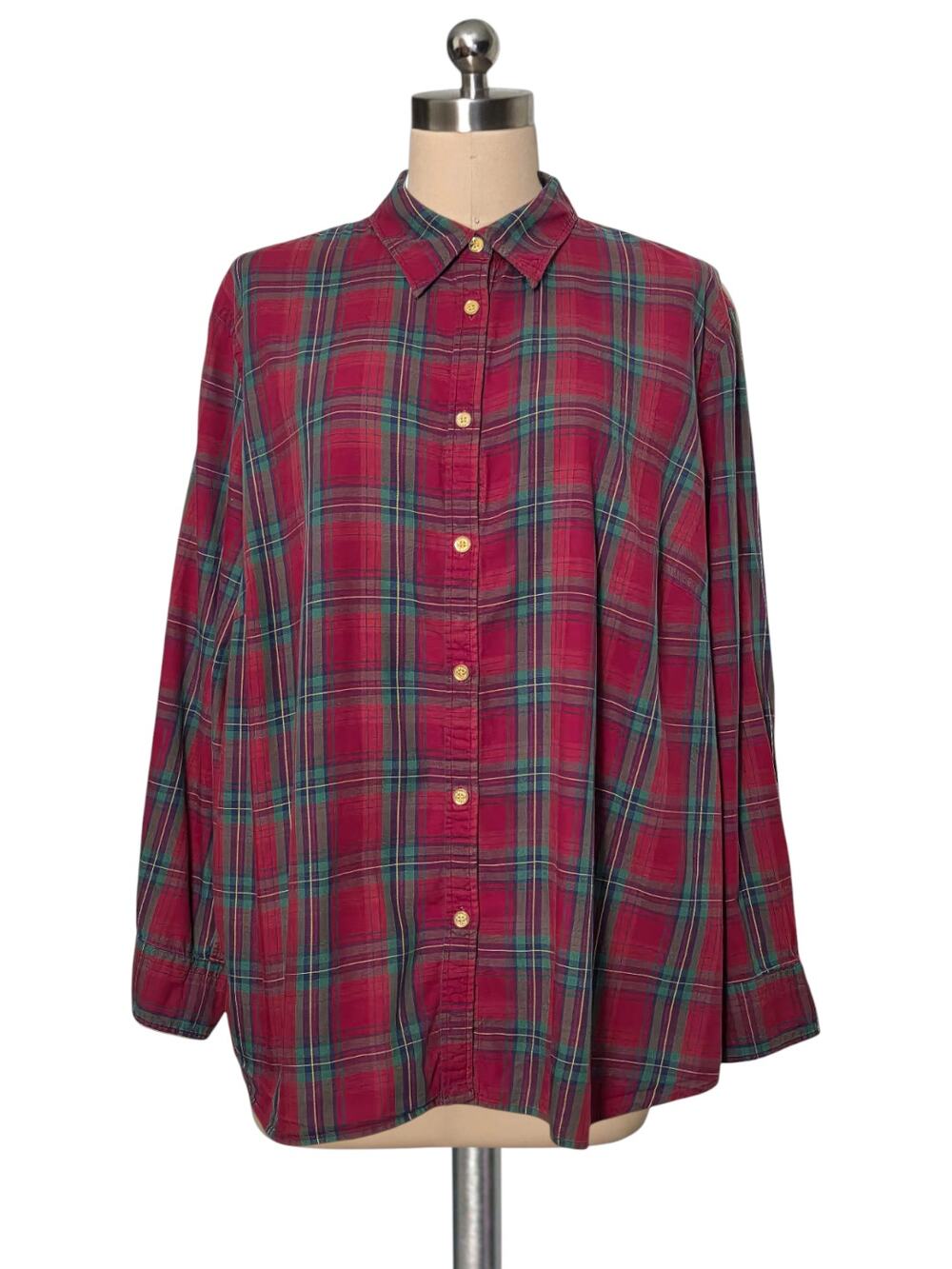 Chaps Red Green Plaid Gold Button Up Blouse Top 100% Cotton 3X